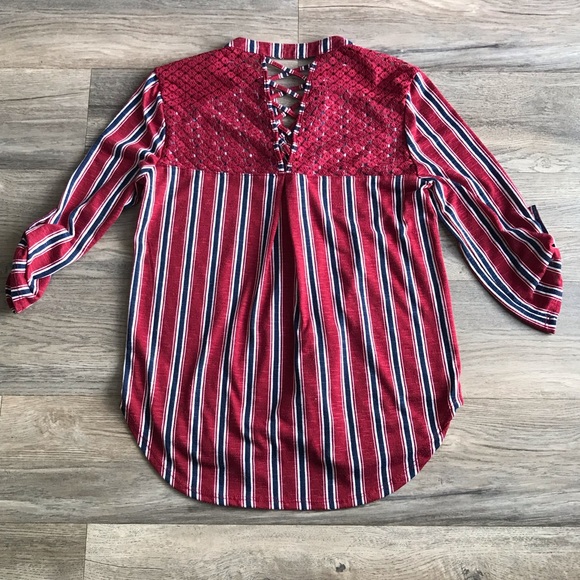 Red & Navy Striped Button Down Tie Front Too XS - Picture 3 of 16